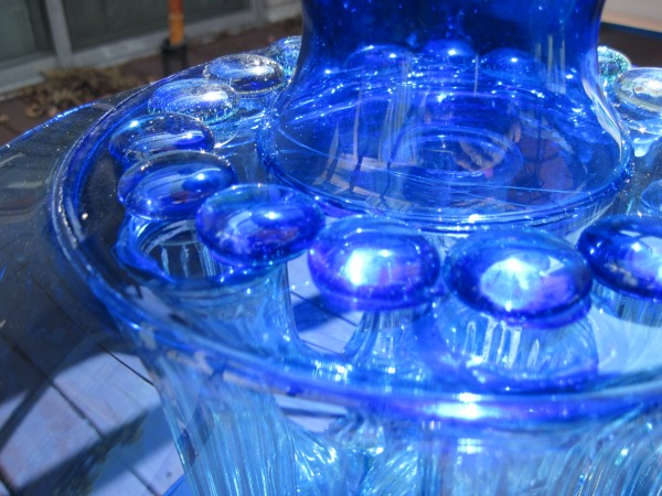 Blue Glass Sculpture With Beads and Bud Vases